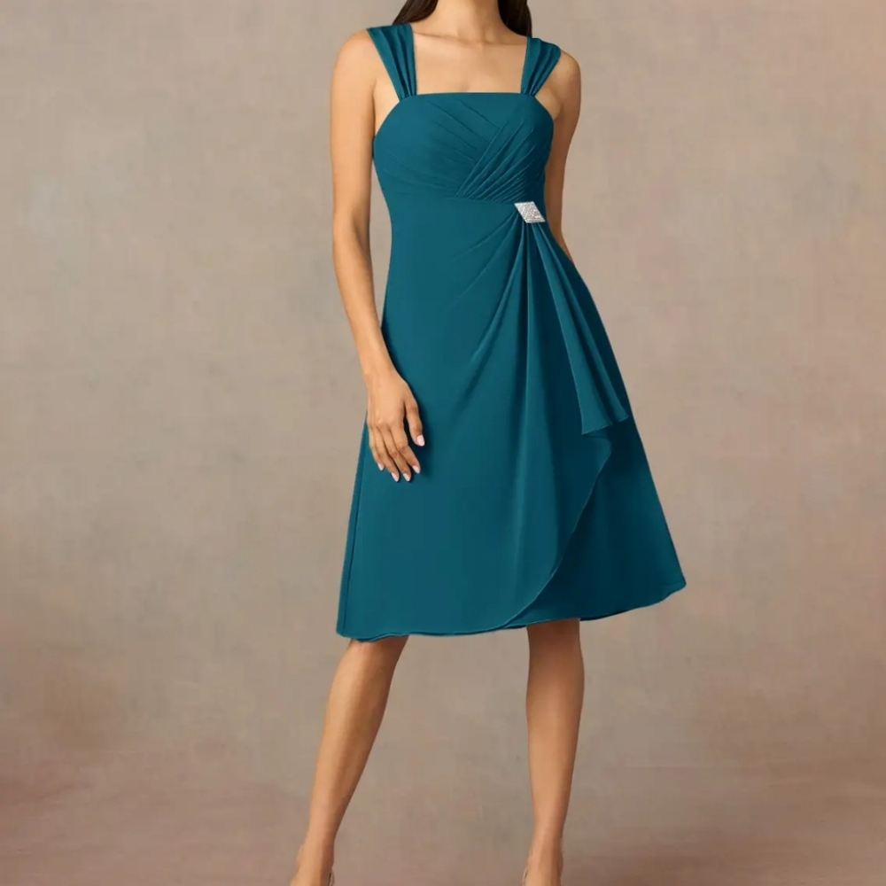 NWT Azazie Olivia Ink Blue A-Line Square Neckline Pleated Chiffon Dress Sz A12